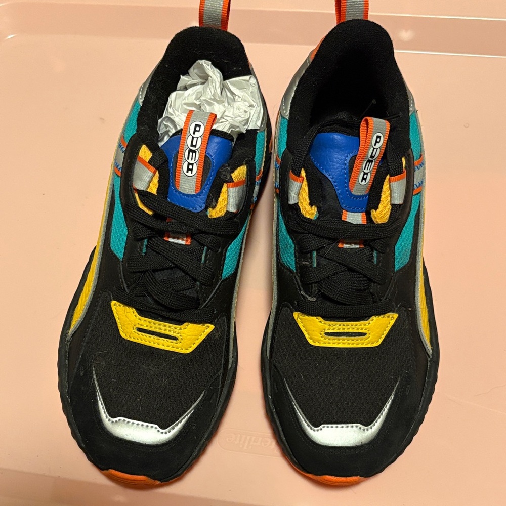 Puma Kids Black, Yellow, and Teal Sneakers
